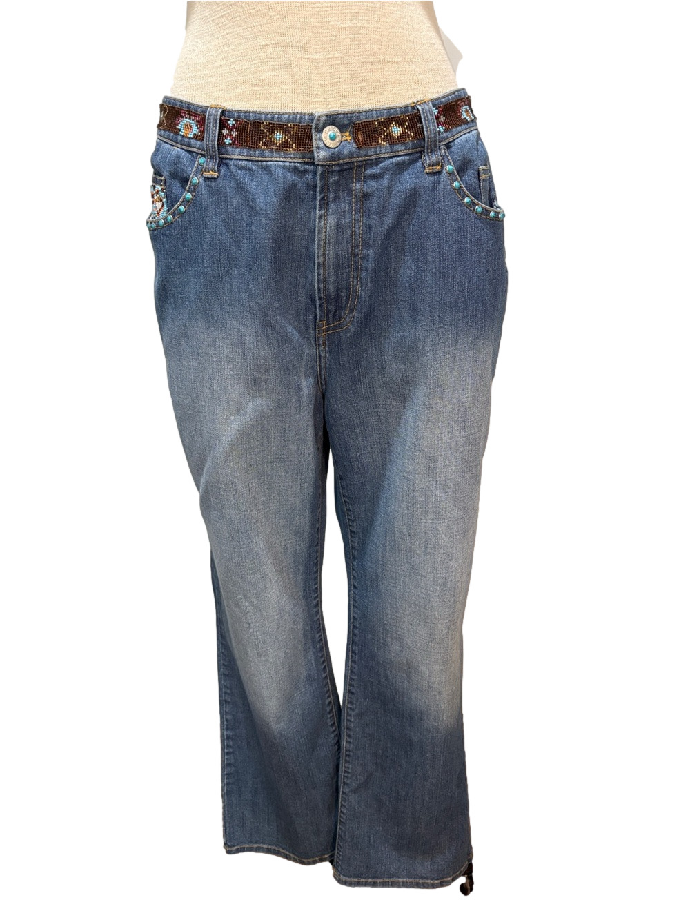 Chico’s Platinum Navajo sz 12 (2) denim jeans with southwestern embellishments